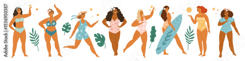 Beautiful body positive women in swimsuits. Sexy fat girls with beach bikinis, female figures, self love, plus size happy people, vacations characters garish vector cartoon flat isolated set