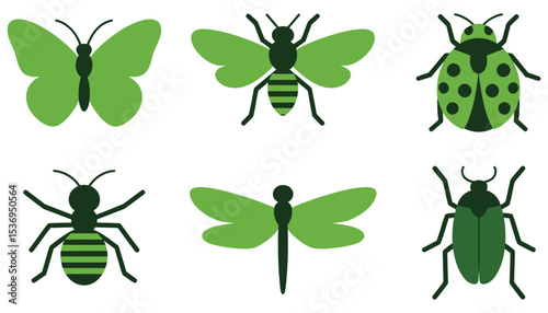Green insect collection vector illustration featuring a seamless pattern of various bugs, including a fly, ant, bee, spider, dragonfly, butterfly, and beetle silhouettes