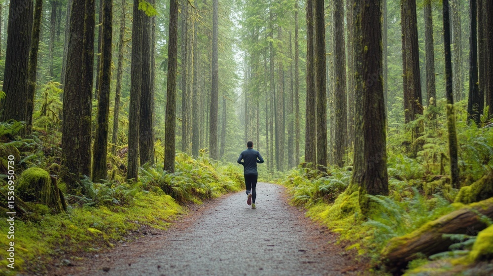 Obraz premium Runner in misty forest path