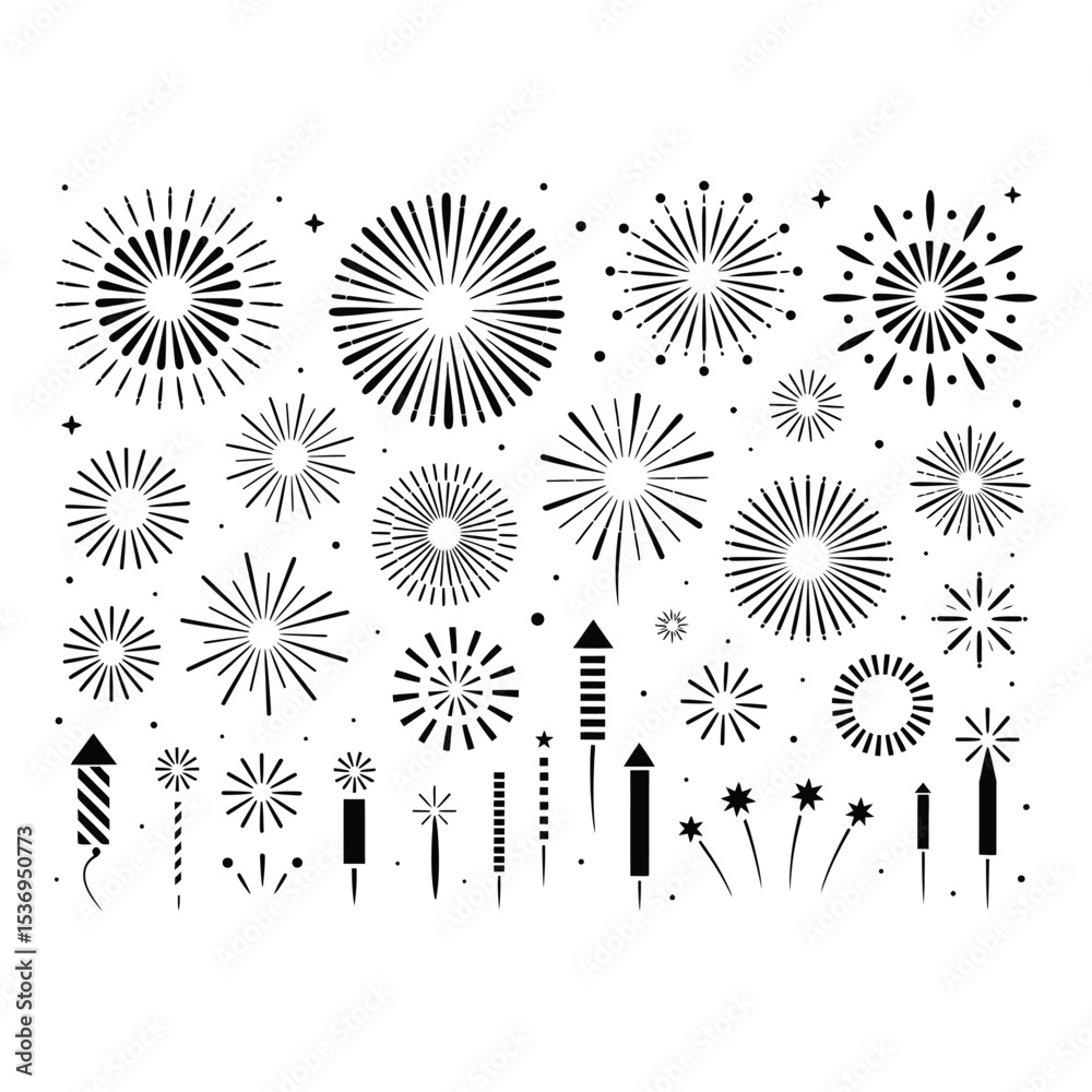Obraz premium Collection of fireworks and rockets isolated on white background