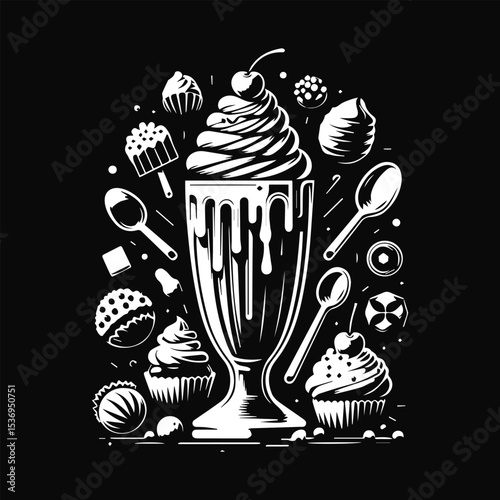 A stylized graphic illustration of a milkshake surrounded by various sweets and desserts.