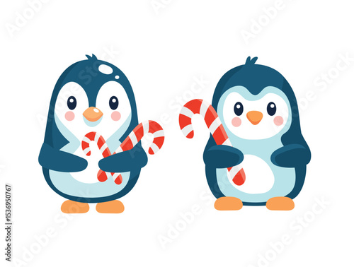 Cute Penguin, Christmas. Flat vector clipart, illustration with isolated background.
