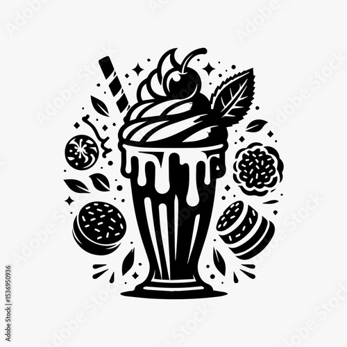 A stylized graphic illustration of a milkshake with toppings and decorative elements.