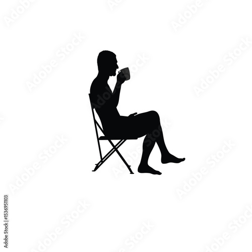 man sitting and drinking tea silhouette on white background