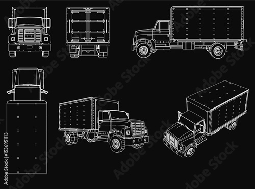 Trucks with detailed blueprints displayed on a black background, arranged in a neat row. Each truck features unique designs, visible headlights, grilles, and wheels.