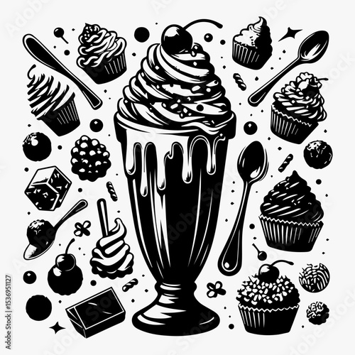 A decadent milkshake surrounded by delectable cupcakes, cherries, and assorted sweets in a vintage-style illustration.