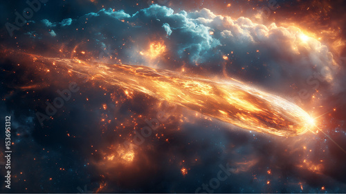 Blazing meteor streaking through fiery space nebula in a cosmic explosion