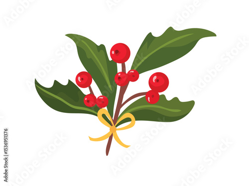 Christmas Holly branch. Flat vector clipart, illustration with isolated background.