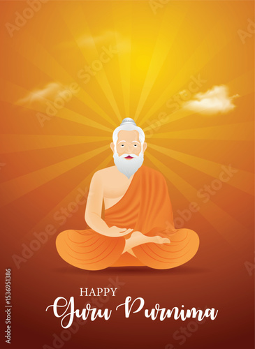 happy Guru Purnima guru sitting in meditation pose vector poster