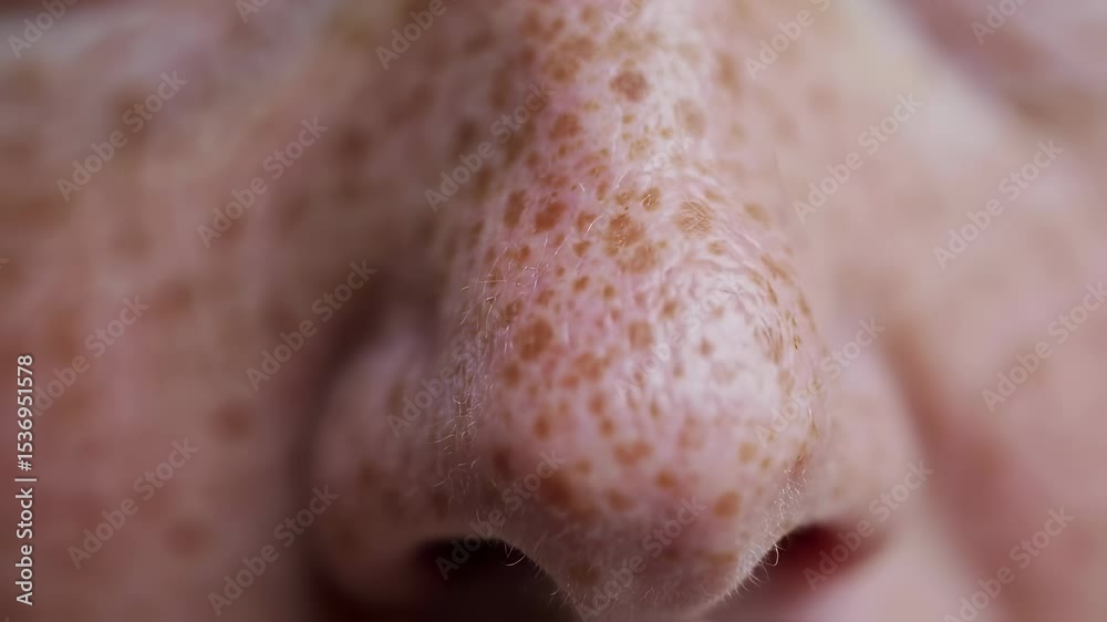 A detailed macro view of a person's face, revealing freckled skin texture and fine lines. The shot moves from the eye area to the nose, highlighting the unique patterns of sunspots and aging skin.