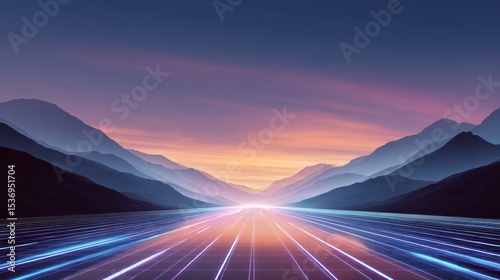A serene landscape featuring mountains and a reflective body of water at sunset, creating a tranquil and picturesque atmosphere.