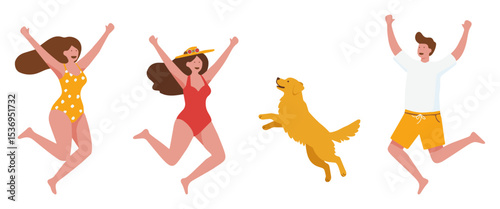 Swimsuit man and woman with golden retriever