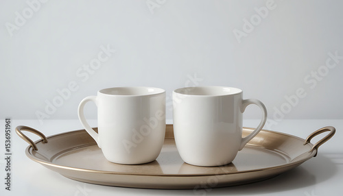 two white coffee mugs, wooden tray, minimalist, natural lighting, still life photography, 4K and HD image