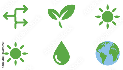 Vector set of green eco icons featuring leaves, plants, and natural symbols for environmental design