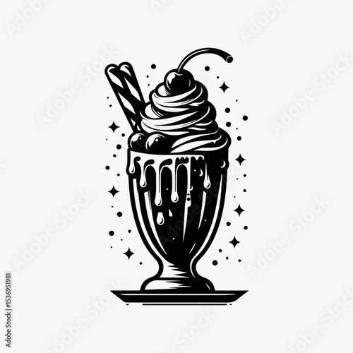 Black and white illustration of a sundae with whipped cream, cherry, and a wafer stick, dripping with sauce.