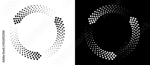 Circle abstract background with dynamic halftone dots like arrows. Black shape on a white background and the same white shape on the black side.
