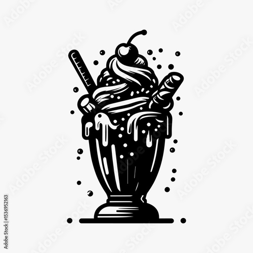 A black and white illustration of a sundae with whipped cream, cherry, and wafer sticks in a glass.