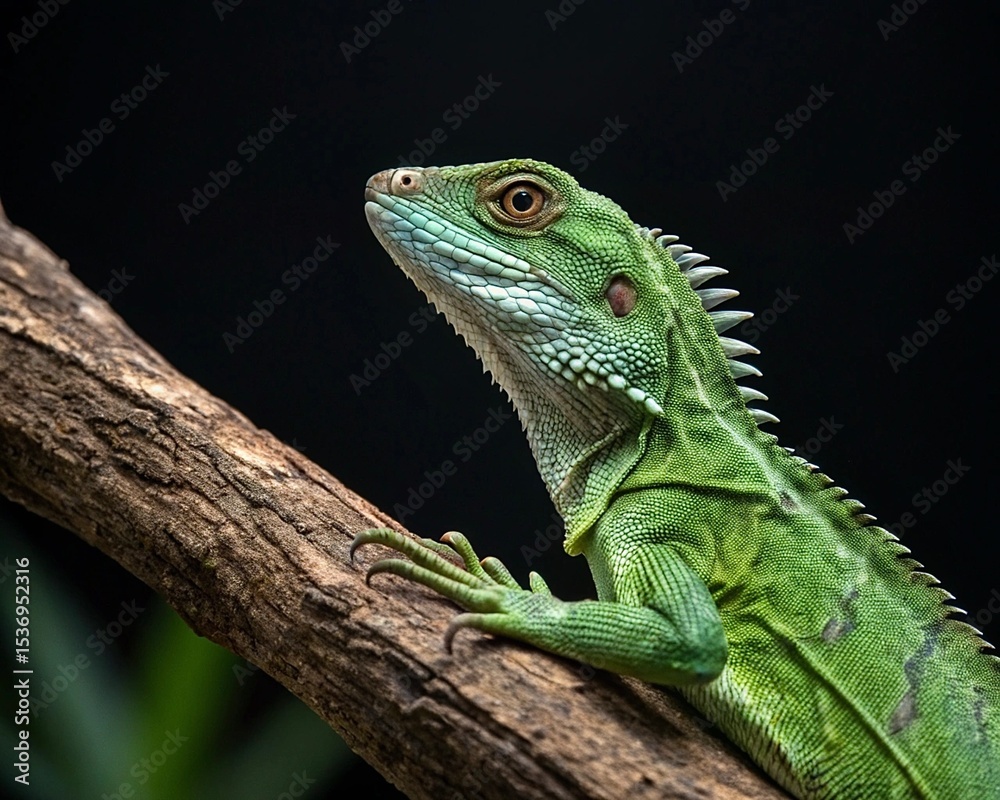 Fototapeta premium Green iguana on branch with black background