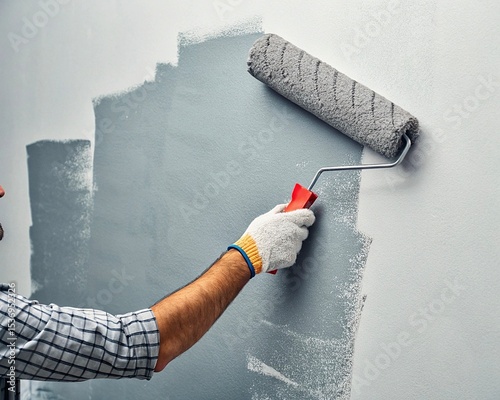 Painter using paint roller, applying grey paint to wall