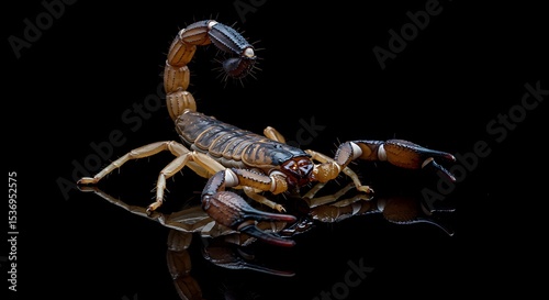 A dramatic and menacing macro portrait of a venomous scorpion, posed on a reflective black surface and isolated against a pure black background. 
