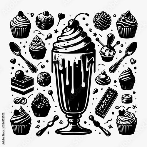 Black and white graphic design featuring various sweet treats, including cupcakes, chocolates, and a milkshake.