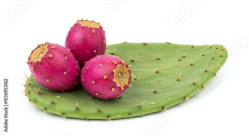 An exquisite composition of three ripe, magenta prickly pear fruits arranged on a fresh green cactus pad, isolated on a clean white background. 