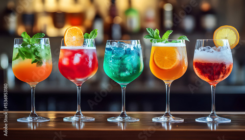 Colorful gin tonic cocktails stand on bar counter. Alcoholic drinks in wine glasses. Refreshing beverage, orange slices, ice cubes, mint leaves. Nightlife, party, summer mood
