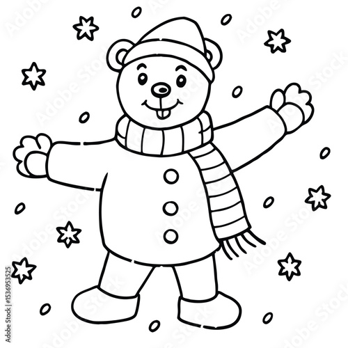 A fun, smiling cartoon teddy bear vector illustration celebrates the winter holidays with a snowman, perfect for a child's design