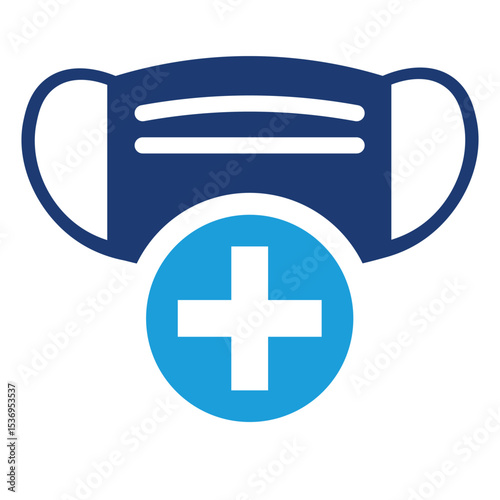 Icon depicting a blue medical face mask above a blue circle featuring a white cross