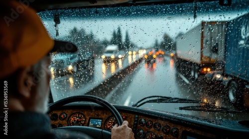 Driver's view of a busy highway through a rain-streaked windshield.