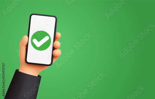 3d hand holds smartphone with check mark. Phone with green tick on screen. Success, confirmation and approval, access concept for apps, authentication, fin tech. Realistic render vector illustration
