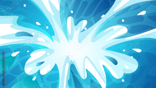 Water splashes explosion. Dynamic blue water splash with fluid motion and drops, water burst for summer swimming pool ads, comic aquatic anime game texture. Vector cartoon abstract background