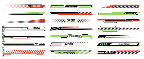 Race car lines. Racing stripe decals, green and red speed line stripes, checkered patterns, typography for sport vehicle and boat tuning, borders for motorsport bike. Isolated vector stickers set