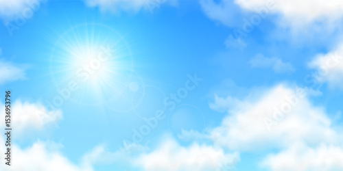 Sun in blue sky with white clouds. Bright glowing realistic sunlight shining and fluffy clouds on blue sky with lens flare. Peaceful sunshine cloudy hot weather. Sunny day vector background