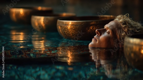Serene moments with singing bowls and a person in calm waters.