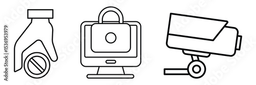 Security privacy surveillance protection icon set with lock camera restriction hand access control vector line symbol design collection.