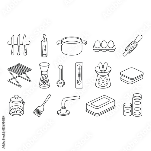 Collection of kitchen utensils isolated on white background in line art