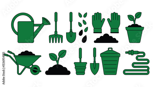 Gardening tools icon set: vector illustration of nature's essential elements for your garden design