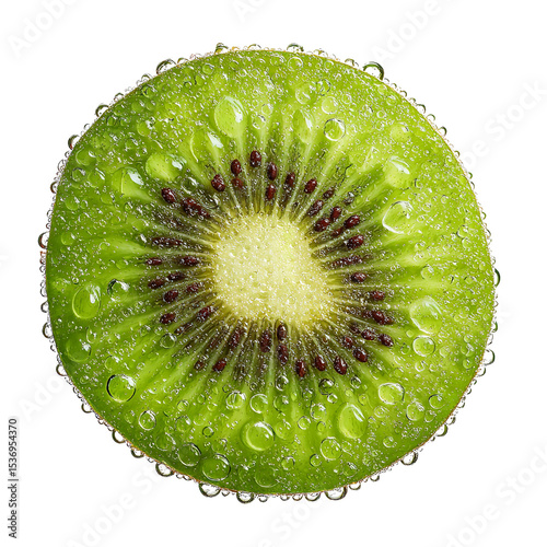 Fresh kiwi fruit slice macro with water droplets vibrant green healthy food close up detailed shot isolated on transparent background