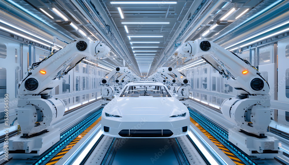 Obraz premium Automated car production line. Futuristic electric vehicles assembly, robotics tech. Factory automation, industrial process, engineering innovation