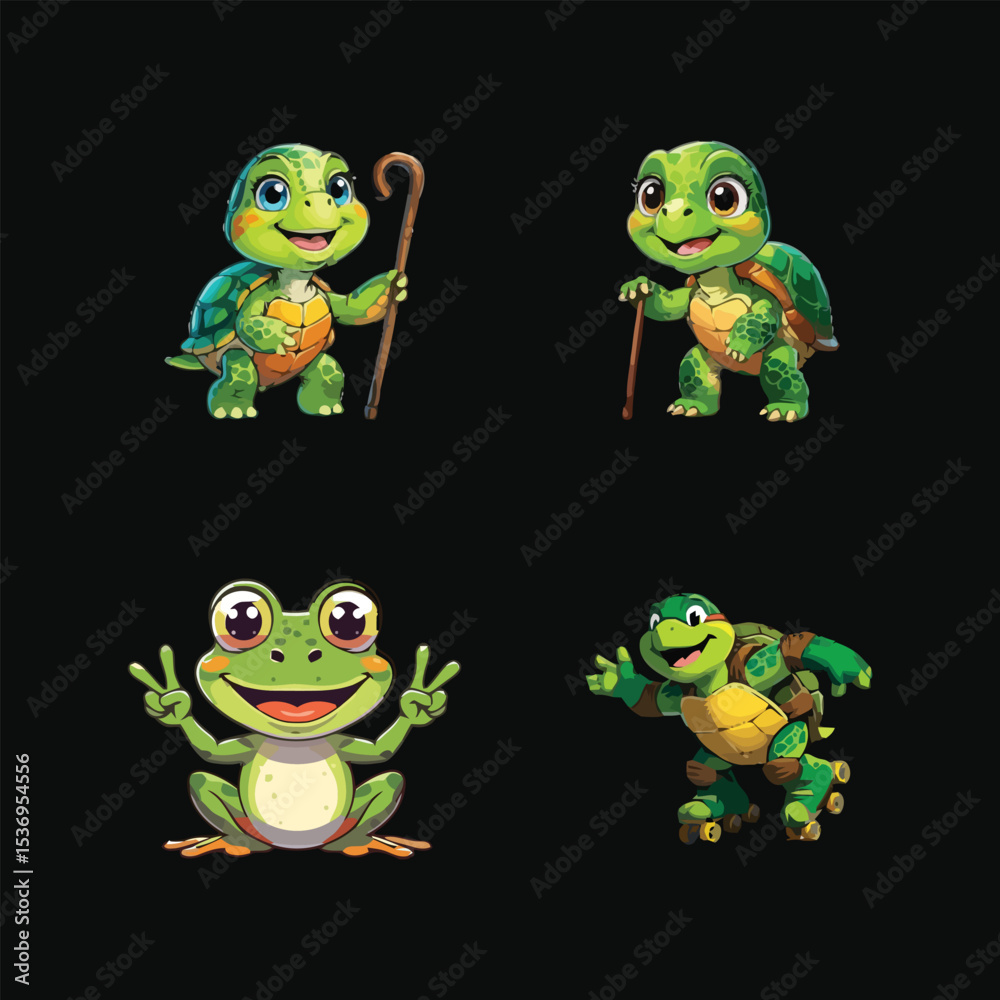 Obraz premium Cute Cartoon Turtle and Frog Characters Collection