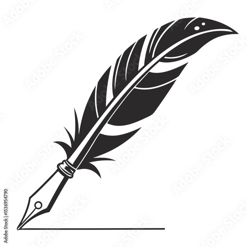Feather and ink vector illustration of a black quill pen with a plume, isolated on white, symbolizing old author writing