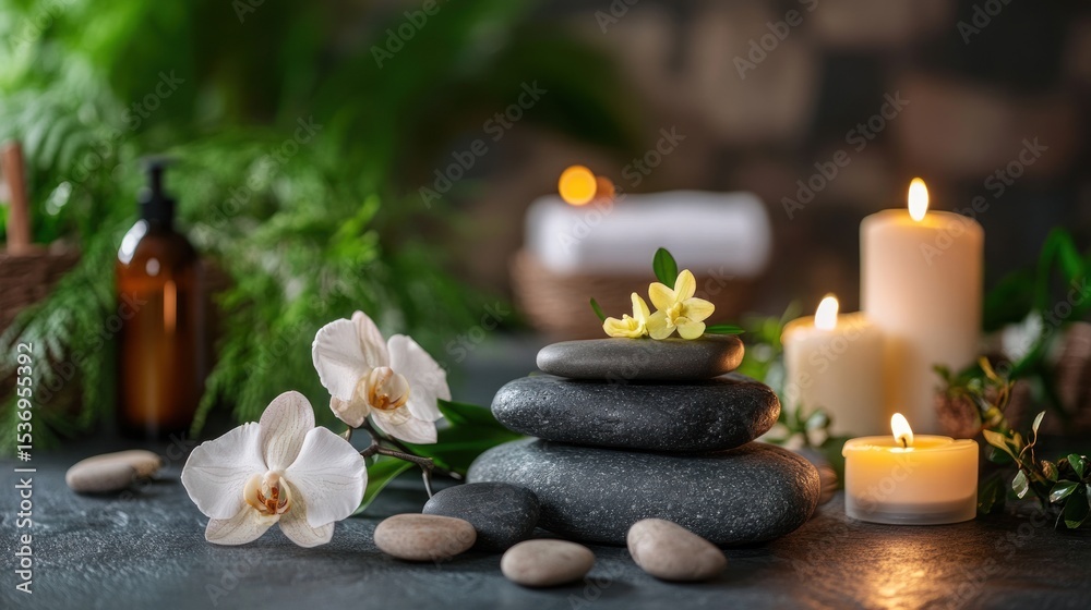 Spa stones, candles, and orchids Spa stones, candles, and orchids