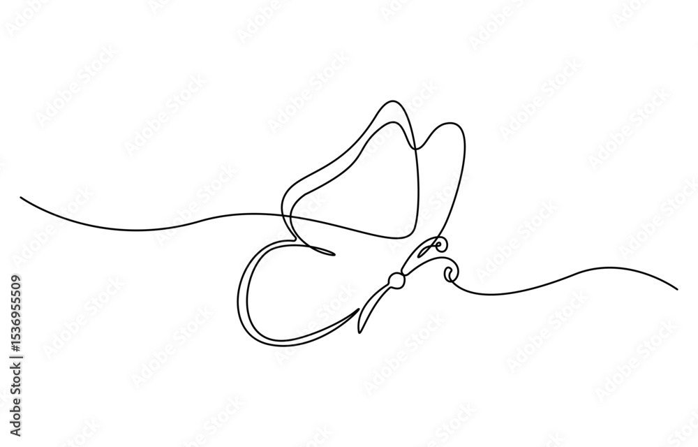 Obraz premium Continuous line butterfly art. Outline single art butterfly hand drawn sketch element on white background. Concept spring nature, fly.
