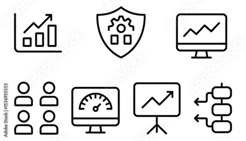 Business innovation scalability graph icon, infrastructure growth badge, system load tracker, user capacity layout, performance limits screen, upgrade path board, tech stack icon pack