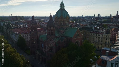 Aerial view of St. Lukas Church, the largest Protestant church in Munich