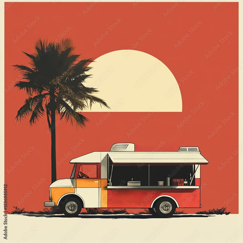 Fototapeta premium A digital minimalist poster featuring a taco truck with a retro aesthetic.