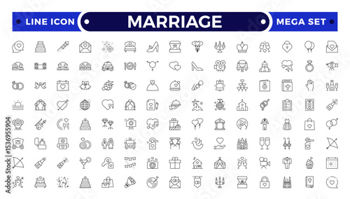 Marriage Outline Icon Set – Wedding, Love and Celebration Line Symbols. Bride, groom, lovers, wedding rings, wedding car, cake.