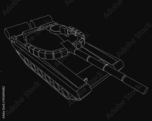 A detailed 3D model of a tank displayed on a black background, featuring intricate blueprint lines and realistic curves. The design highlights mechanical precision with visible components and shading.