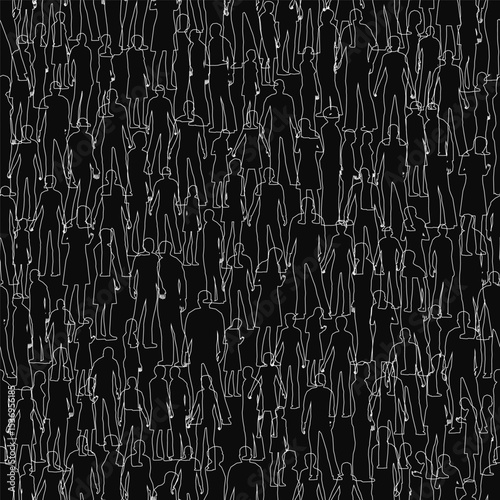 Black and white silhouettes of people form a seamless pattern on a dark background, creating a striking texture. The repeating human contours blend smoothly, ideal for design projects.